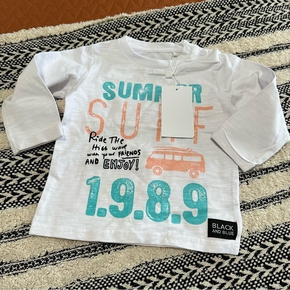 Nwt black and blue summer surf graphic long sleeve tee size 12 months - Picture 1 of 3